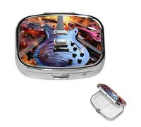 Pilulier musical en forme de guitare électrique magique à 2 compartiments carré portable pour poche ou sac à main, petit planificateur de médicaments hebdomadaire, pilulier de voyage avec miroir