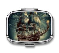 Pilulier nautique vintage en forme de bateau de pirate à 2 compartiments avec miroir pour sac à main, poche ou portefeuille