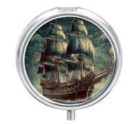Pilulier nautique vintage en forme de bateau de pirate à voile rond portable et étanche pour sac à main et pratique au quotidien