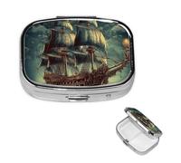 Pilulier nautique vintage en forme de bateau de pirate avec miroir, 2 compartiments pour sac à main ou poche Mini pilulier en métal pour voyage hebdomadaire médicaments, vitamines, cadeau de voyage