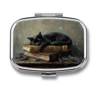Pilulier noir avec chat endormi sur des livres vintage Dark Academia - Pilulier portable à 2 compartiments - Pilulier de voyage pour sac à main