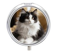 Pilulier noir et blanc avec 3 compartiments, motif chaton assis, rond, portable, pilulier pour contenir des vitamines et un organisateur décoratif