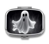 Pilulier noir et fantôme d'Halloween à 2 compartiments, pilulier portable avec miroir pour sac à main, voyage, mini organisateur de médicaments en métal pour vitamines, huile de poisson