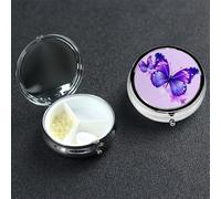 Pilulier papillon violet avec miroir 3 compartiments décoratifs pour sac à main ou poche, petit pilulier rond en métal hebdomadaire pour médicaments, comprimés et vitamines, cadeau de voyage