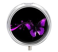 Pilulier papillon violet et noir à 3 compartiments, petite boîte à pilules ronde pour sac à main et poche, boîte à médicaments quotidienne portable pour contenir des vitamines, des suppléments, des