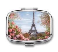 Pilulier Paris Tour Eiffel avec fleurs - 2 compartiments - Étanche - Avec miroir - Boîte à médicaments carrée en métal - Portable - Pour poche et sac à main - Pour voyage