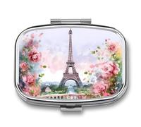 Pilulier Paris Tour Eiffel avec fleurs 2 compartiments Petit pilulier pour sac à main ou poche Mini pilulier en métal Pilulier carré pour médicaments quotidiens pour contenir des vitamines, de l'huile