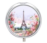 Pilulier Paris Tour Eiffel avec fleurs 3 compartiments Petit pilulier pour sac à main ou poche Mini pilulier en métal Organiseur de médicaments quotidien Récipient à médicaments rond pour contenir des