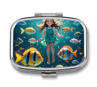 Pilulier Person in The Underwater World - 2 compartiments - Étanche - Avec miroir - Boîte à médicaments carrée en métal - Portable - Pour poche et sac à main - Pour voyage