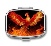 Pilulier Phoenix in Flames avec miroir, 2 compartiments, étanche, pour sac à main ou poche, antidérapant, idéal pour les voyages et les compléments alimentaires (vitamines, huile de poisson, etc.).