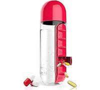 Pilulier, pilulier avec bouteille d'eau 600 ml, 2 en 1, portable, for médicaments de voyage, 7 jours, 1 fois par jour(Red)