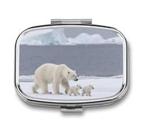 Pilulier Polar Bear Ice Floe avec miroir, 2 compartiments, étanche, pour sac à main ou poche, antidérapant, idéal pour les voyages et les compléments alimentaires (vitamines, huile de poisson, etc.).