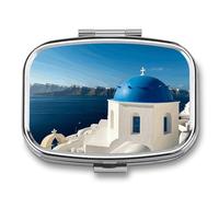 Pilulier portable, 7 jours, Santorin, île grecque, vue sur la mer, 2 compartiments pour vitamines, médicaments, huile de poisson et compléments alimentaires