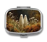 Pilulier portable à 2 compartiments avec deux fantômes qui marchent dans les champs de fleurs sauvages