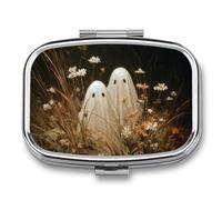 Pilulier portable à 2 compartiments avec deux jolis fantômes et fleurs sauvages et herbes hautes