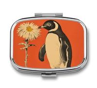 Pilulier portable à 2 compartiments avec imprimé fleur et pingouin - Pilulier de voyage pour poche, sac à main, boîte à vitamines, huile de poisson