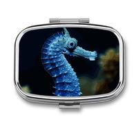 Pilulier portable à 2 compartiments avec imprimé hippocampe bleu pour poche, sac à main, boîte à vitamines, huile de poisson