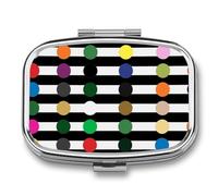 Pilulier portable à 2 compartiments avec miroir pour sac à main, voyage, mini organiseur de médicaments en métal pour vitamines, huile de poisson et rayures à pois arc-en-ciel noir et blanc