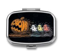 Pilulier portable à 2 compartiments avec motif citrouille d'Halloween et trois fantômes de dessin animé pour sac à main