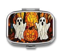 Pilulier portable à 2 compartiments avec motif fantôme effrayant avec citrouille d'Halloween