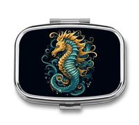 Pilulier portable à 2 compartiments avec motif hippocampe bleu imprimé pour poche, sac à main, boîte à vitamines, huile de poisson