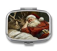 Pilulier portable à 2 compartiments avec motif Père Noël endormi au lit avec renne - Pilulier de voyage pour sac à main