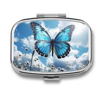 Pilulier portable à 2 compartiments avec papillon bleu et nuages - Pilulier quotidien carré pour poche, sac à main, récipient à médicaments quotidiens pour contenir des vitamines, de l'huile de