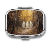 Pilulier portable à 2 compartiments avec trois fantômes blancs marchant dans la forêt d'automne