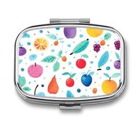 Pilulier portable à 2 compartiments, bleu et fruits, avec miroir pour sac à main, voyage, mini organisateur de médicaments en métal pour vitamines, huile de poisson