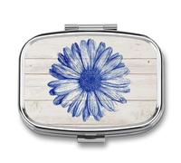 Pilulier portable à 2 compartiments en bois blanc avec motif marguerite bleue