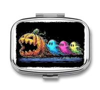 Pilulier portable à 2 compartiments en forme de citrouille d'Halloween avec trois fantômes de dessin animé