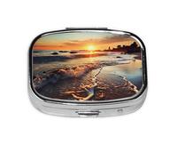 Pilulier portable à 2 compartiments en métal avec vue sur la plage et coucher de soleil sur la plage