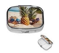 Pilulier portable à 2 compartiments en métal - Joli pilulier de voyage - Ananas, fruits, lunettes de soleil, sable - Organiseur de vitamines pour sac à main, poche, cadeau de voyage