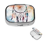 Pilulier portable à 2 compartiments en métal - Joli pilulier de voyage - Aquarelle - Attrape-rêves - Organiseur de vitamines pour sac à main, poche, cadeau de voyage