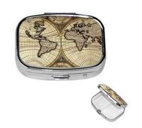 Pilulier portable à 2 compartiments en métal - Joli pilulier de voyage - Carte du monde antique - Organisateur de vitamines pour sac à main, poche, cadeau de voyage