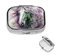 Pilulier portable à 2 compartiments en métal - Joli pilulier de voyage - Cheval vert - Organisateur de vitamines pour sac à main, poche, cadeau de voyage