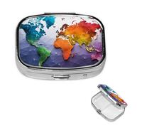Pilulier portable à 2 compartiments en métal - Joli pilulier de voyage coloré - Carte du monde - Organisateur de vitamines pour sac à main, poche, cadeau de voyage