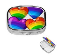 Pilulier portable à 2 compartiments en métal - Joli pilulier de voyage - Couleur arc-en-ciel - Cœurs Gay Pride - Organisateur de vitamines pour sac à main, poche, cadeau de voyage