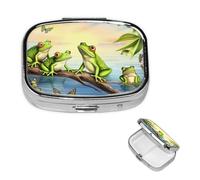 Pilulier portable à 2 compartiments en métal - Joli pilulier de voyage - De nombreuses grenouilles chantent sur les branches - Pour l'été, les papillons, le lac, l'eau, les vitamines - Pour sac à main