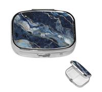 Pilulier portable à 2 compartiments en métal - Joli pilulier de voyage - Marbre bleu marine mélangé - Organiseur de vitamines pour sac à main, poche, cadeau de voyage