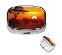 Pilulier portable à 2 compartiments en métal - Joli pilulier de voyage - Motif animal africain - Coucher de soleil - Organisateur de vitamines pour sac à main, poche, cadeau de voyage