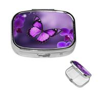 Pilulier portable à 2 compartiments en métal - Joli pilulier de voyage - Papillon violet - Organiseur de vitamines pour sac à main, poche, cadeau de voyage