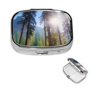 Pilulier portable à 2 compartiments en métal - Joli pilulier de voyage - Parcs nationaux - Arbre de soleil - Organisateur de vitamines pour sac à main, poche, cadeau de voyage