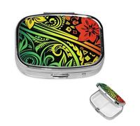 Pilulier portable à 2 compartiments en métal - Joli pilulier de voyage - Style tribal hawaïen - Organisateur de vitamines pour sac à main, poche, cadeau de voyage