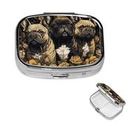 Pilulier portable à 2 compartiments en métal - Joli pilulier de voyage - Trois bouledogues français - Organiseur de vitamines pour sac à main, poche, cadeau de voyage