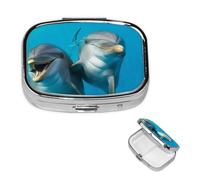 Pilulier portable à 2 compartiments en métal - Joli pilulier de voyage - Visage souriant - Dauphins - Organisateur de vitamines pour sac à main, poche, cadeau de voyage