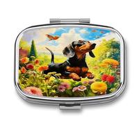 Pilulier portable à 2 compartiments en métal Motif teckel dans les buissons de fleurs Petit étui à médicaments hebdomadaire avec miroir Élégant support de vitamines pour sac à main, poche de voyage