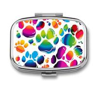 Pilulier portable à 2 compartiments - Imprimé empreintes de pattes de chien colorées - Pilulier de voyage pour poche, sac à main, boîte à vitamines, huile de poisson