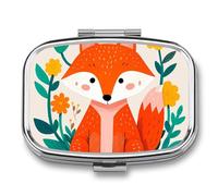 Pilulier portable à 2 compartiments - Motif animal mignon - Motif renard et fleurs - Pour ranger des vitamines, de l'huile de poisson - Cadeau de voyage