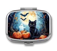 Pilulier portable à 2 compartiments pour Halloween, chat, citrouilles, fantômes, sac à main